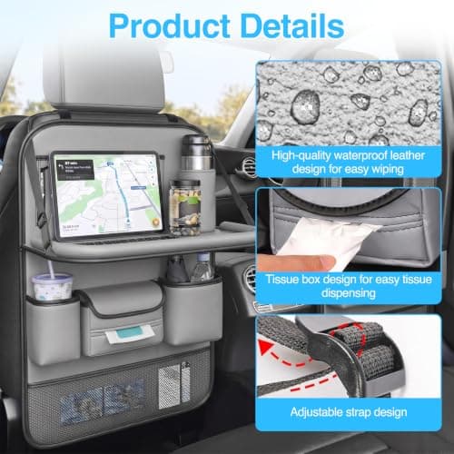2 Pack Artificial Leather Car Backseat Organizer with Folding Tray- Grey — view 3