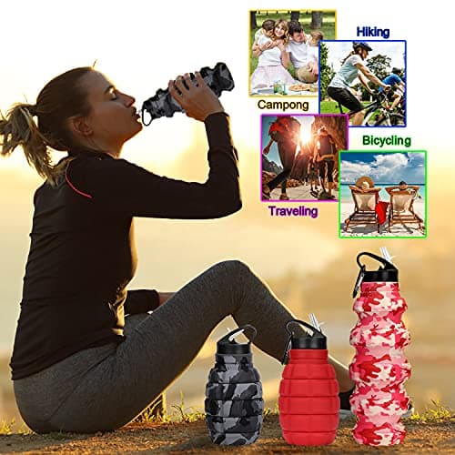 Collapsible Travel Water Bottle 19.6 oz, Reusable Silicone Collapsible Water Bottle for School, Office, Gym, Camping and Hiking, Portable Leak Proof Sports Bottle with Carabiner (Dark grey camouflage) — view 6