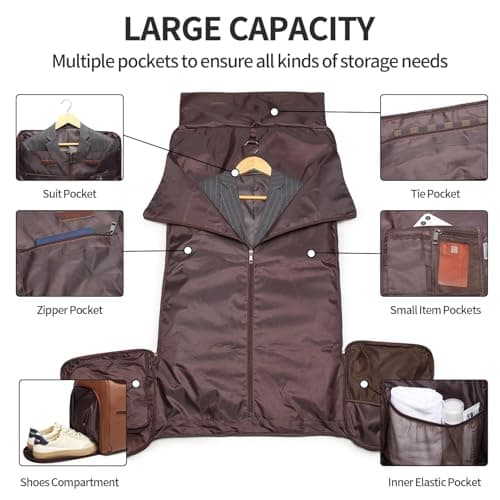 Carry On Garment Bag for Travel, Convertible Travel Garment Bag for Men Women, 2 in 1 Hanging Suitcase Suit Business Travel Bag, Brown — view 3