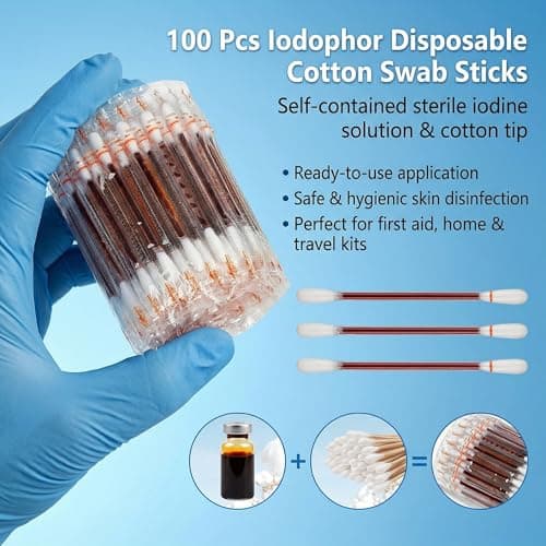 FOMIYES 100 Pieces Disposable Iodine Cotton Swabs, Individually Wrapped Iodine Swabs, Disinfection Cotton Sticks Buds for Scrapes,Cuts, First Aid, Travel & Emergency Use — view 4