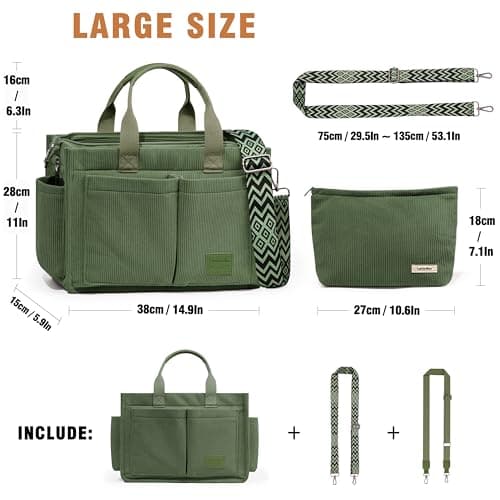 Captain Blues Corduroy Tote Bag for Women with Zipper, Large Capacity Work Bags Shoulder Handbag for School, Travel, College, Teacher with Adjustable Strap & Pockets (Green) — view 4