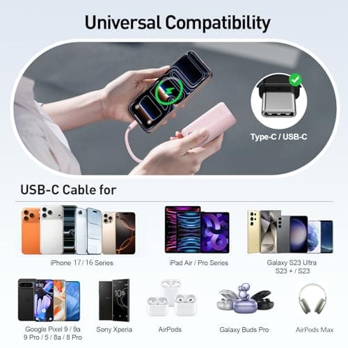 iWALK Power Bank Fast Charging 10,000mAh, 22.5W USB-C Portable Charger With Built-in Cable,Travel Essential Ultra-Small Battery Pack Compatible for iPhone 17/16 Pro/15, Samsung, Google, Pink — view 5