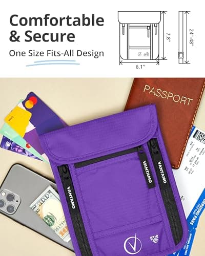Vantamo Premium Neck Wallet for Traveling, RFID Protected Passport Bag Fits Documents, Cash and Phone, Lightweight & Consealed Travel Wallet and Document Holder for Men & Women with Adjustable Strap — view 4