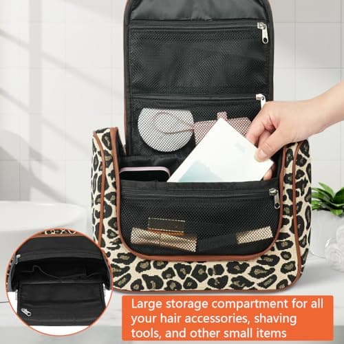 OSDUE Hanging Toiletry Bag for Men Women, Large Capacity Wash Bag with Hook and Handle, Waterproof, Makeup Organizer, Travel Accessories, Leopard Print Travel Washbag — view 6
