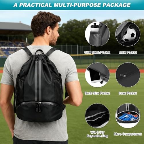 Wihozte Drawstring Sports Backpack, Sports Soccer Basketball Volleyball Bag Dry-Wet Separation Shoe Compartment for Swimming Gym, Sports Training Bags for Women Men Multi-Use for spors Travel — view 4
