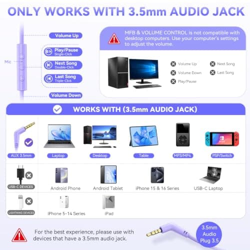 Wired Headphone with Mic, Over-Ear 3.5mm Corded Headphone for School Purple — view 3