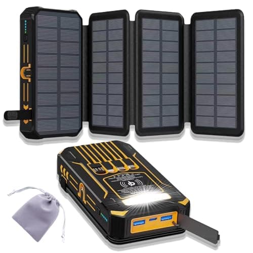 Outdoor Foldable Solar Large Capacity Charger Mobile Power Bank, Portable Mobile Charger Power Bank with 4 Solars Panels, Powerbank Fast Charging with Flashlight Light for Camping (C)