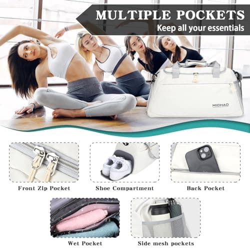 Large Gym Bag Duffle Bag with Shoes Compartment for Women Men, White — view 3