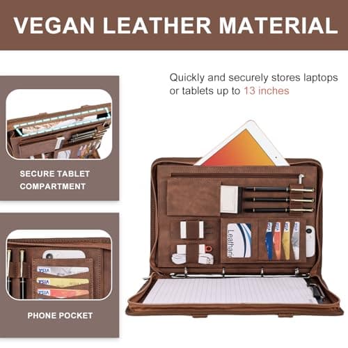 Leathario Portfolio Folder A4, Vegan Leather Conference Folder with Handle, 4-Ring Travel Document Holder with 5 5-Part File Dividers, Multi-Pocket Document Folder Organiser, Office Supplies — view 5
