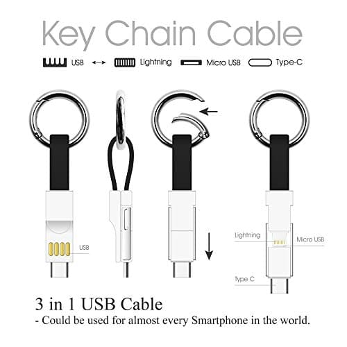 Keyring Charger 3 in 1 Lightning Micro USB C Short Charging Cable Multi Fast Charger Portable Travel Magnetic Keychain for iPhone, iOS, Android & All Smartphones — view 3