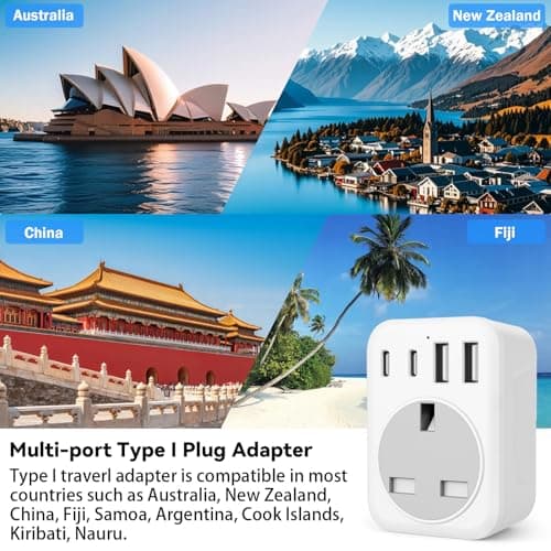 5 IN 1 UK to Australia Plug Adapter, 2500W New Zealand Travel Adapter with 2 USB C & 2 USB A,Type I Plug Adapter for Australia China Fiji Argentina — view 5
