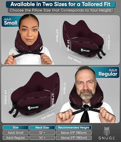 SNUGL Travel Pillow – Memory Foam Neck Pillow for Travel – Support Cushion for Airplane with Carry Bag & Clip - Holiday Essentials (Dark Red - Adult Small) — view 5