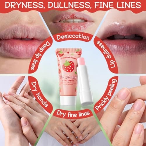 Wenrny 2 Set Hand Cream and Lip Balm Bulk,Moisturizing Hand Cream Gift Set for Women Girls,Winter Hands Lotion Set,Travel Size Hands Lotion(15g),Hydrating Honey Lip Care Balm(3.2g) (Strawberry, One) — view 6
