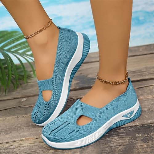 Women’s Classic Loafer Flat Breathable Non-Slip Lightweight Anti-Slip Sneakers Athletic Outdoor Sport Round Toe Knit Mary Jane Shoes Arch Support Stretch Ladies Wide Fitting Flat Trainers Sky Blue — view 2