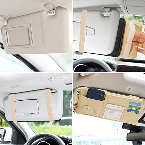 2 Pcs Sunglasses Holders for Car Sun Visor, Leather Car Sun Visor Organizer Travel Document Holder with Multi Pocket Net Zippers, Auto Interior Accessories Suitable for Car,SUV,Truck(Black) — view 5