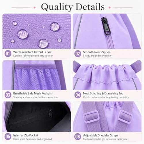 FAVORTALK Swim Bag Drawstring Gym Bag Girls Trainer Swim Bag Backpack Mini Water Resistant Nursery Backpack Gym Duffle Backpack, Purple 18208 — view 6