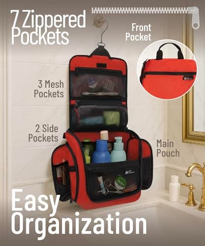 D&D Hanging Toiletry Bag for Men and Women. Travel Wash Bag. Large Travel Toiletry Bag Washbag for Makeup, Toiletries, and Cosmetics. Red — view 2