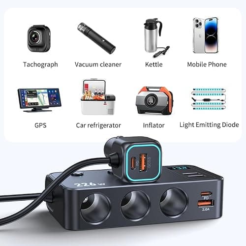 226W Car Charger Cigarette Lighter Splitter, 9-in-1 Multi-Port Car Power Adapter with 3 Sockets, Dual PD USB-C, 4 USB Ports, LED Voltmeter, Fast Charging for 12V–24V Vehicles — view 6