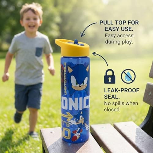 Sonic The Hedgehog 600ml Kids Water Bottle with Flip Spout & Straw – BPA Free Leak Proof Sports Drinks Bottle with Carry Loop – SEGA Official Sonic ‘Unstoppable’ Design, Blue — view 6