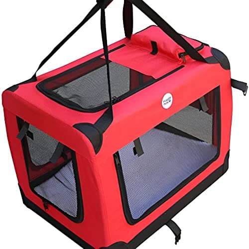 HugglePets Foldable Fabric Pet Crate Carrier - Red (Medium 60 x 42cm) Lightweight & Ventilated Double Door Carrier for Dogs & Cats with Sheepskin Mat. Ideal for Home & Travel. — view 3