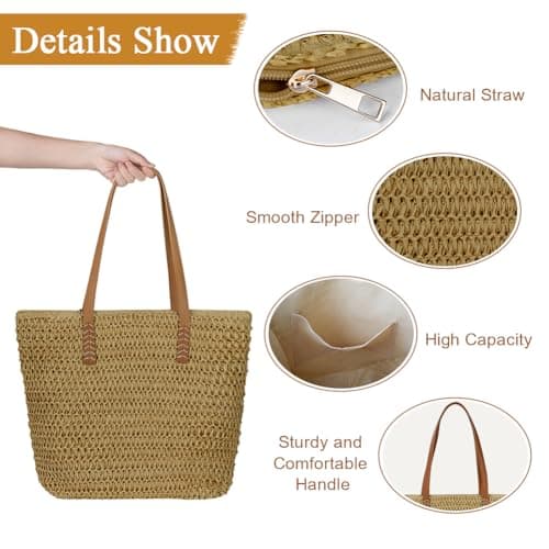 Aucuu Straw Shoulder Bag, Straw Bag for Women, Beach Bag, Large Zippered Handbag Tote Bag, Bohemian Summer Handheld Shoulder Bag for Outdoor Travel and Beach (Caramel) — view 5