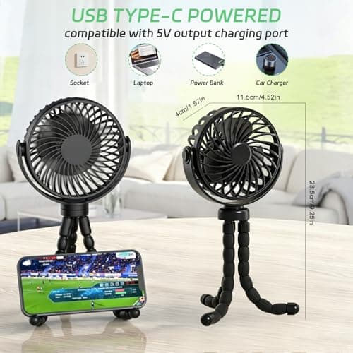 Mini Portable Pram Fan, Rechargeable Clip On Fan for Stroller with Night Light, 3 Speeds, 360° Rotate Flexible Tripod Cooling for Buggy, Pushchair, Car Seat, Travel Black — view 2