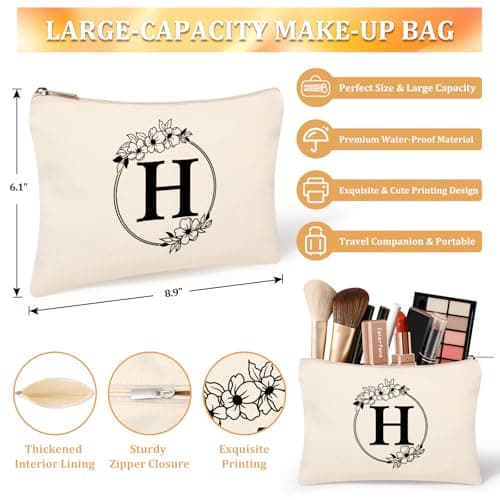 Tecanne Personalised Initial Canvas Tote Bag and Makeup Bag Set, 26 Letters Monogrammed Cotton Reusable Bags for Beach Travel Work School, Gift for Women Mum Teachers Nurses (H) — view 4