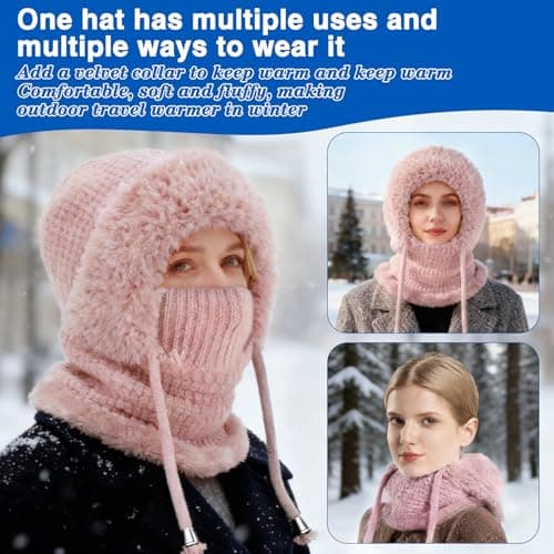 Ashloter 3 in 1 Beanie Hat for Women, 3in1 Thermal Winter Balaclava Knitted Hood with Scarf and Face Mask, Windproof Warm for Outdoor Skiing Hiking Running Skiing Cycling Ladis Men (Pink) — view 6