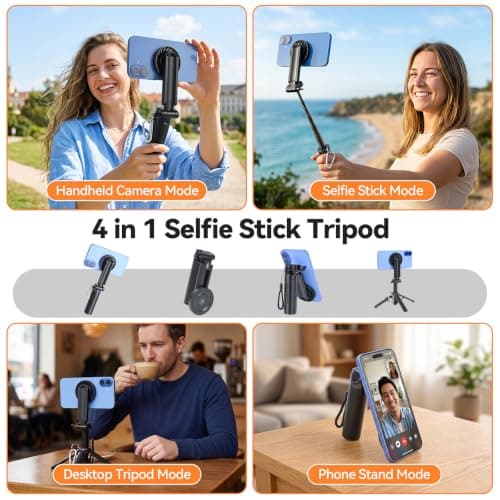 UTEBIT Mini Magnetic Selfie Stick Tripod, Extendable Selfie Stick with Wireless Remote & Handy Capgrip Aluminium Phone Tripod Stand with Horizontal Shooting for iPhone 17 16 15, Android Phones — view 2