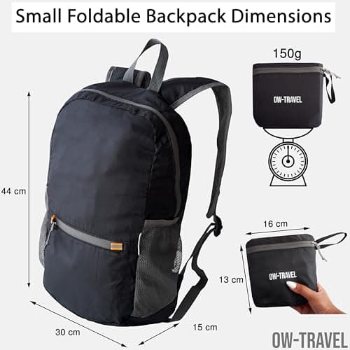 OW-Travel Lightweight Foldable Backpack, Packable Daypack 20l Black — view 6