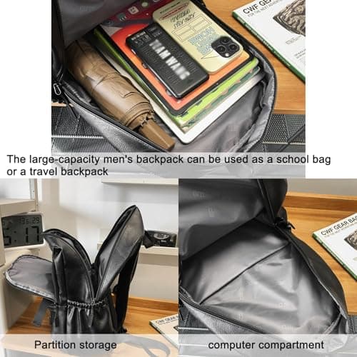 Fuaihui Black Leather Rucksack Men, PU Leather Laptop Backpack for Men, Water-Resistant 15.6 Inch Large Capacity Gothic Business School Travel Rucksack — view 6