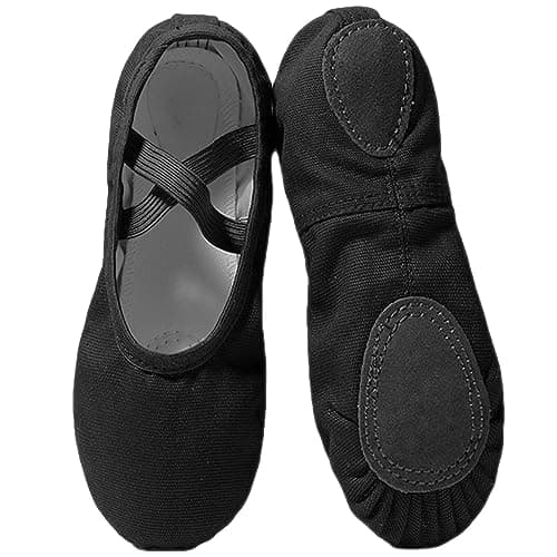 Flintronic Canvas Dance Shoes, Leather Split Sole Gymnastic Yoga Shoes, Ballet Slippers, Ballet Flats, Dance Shoes for Girls Women Kids Adult, Black-5 UK Adult
