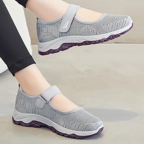 Women’s Mary Jane Shoes Lightweight Walking Sneaker Mesh Breathable Slip On Knit Flats Casual Soft Shoes Adjustable Ankle Strap Loafers Grey — view 3