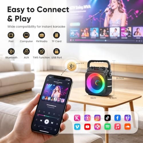 Karaoke Machine with 2 Wireless Microphones: Portable Bluetooth Karaoke Speaker for Adults Kids, Connects to TV Phone Tablet, Party Speaker Gift for Home Outdoor Family, PA Power-Amplifiers — view 3