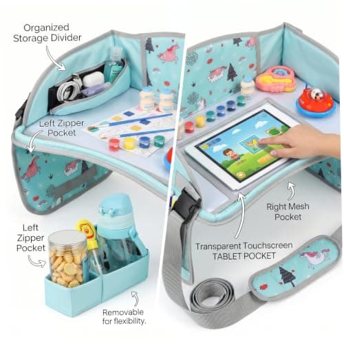 Kids Travel Tray Large Car Seat Tray Foldable for Girls Boys, Green, Drawing Board with Storage Pockets — view 3