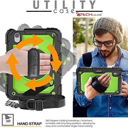 TECHGEAR UTILITY Case for iPad Mini 7/6, 8.3" - Tough Rugged HEAVY DUTY Armour Shockproof Case with 360 Rotating Stand, Hand and Shoulder Strap - Green — view 4