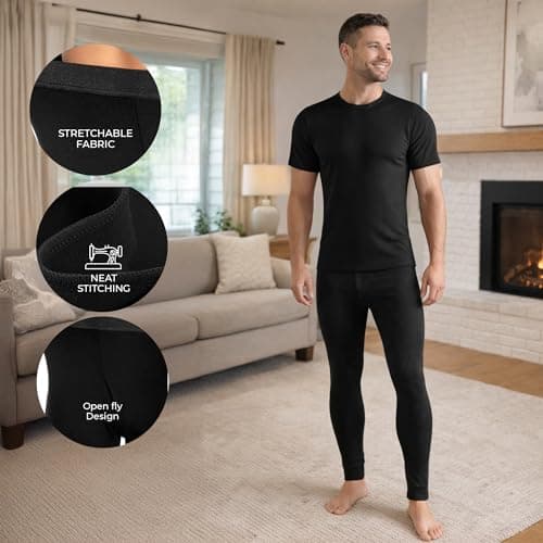 Active Star Mens Thermal Underwear Set, 0.45 Tog Long John Bottoms With Short & Long Sleeve Tops Base Layer Warm Winter Thermals For Running Sport Ski S-XXL, Short Sleeve Thermal Set Black - L — view 4
