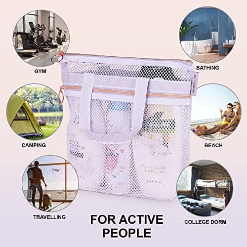 DV Lifestyle Mesh Shower Bag 25 x 26cm Caddy with Zipper & 2 Pockets. Quick-Dry Portable Toiletry Tote for Bathroom, Gym, Travel, Camp, Beach, for Sunscreen, Dorm & College Essentials (Light Gray) — view 4