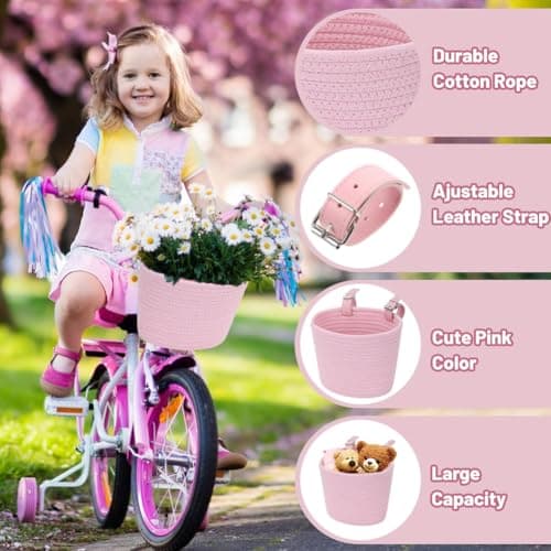Kids Bike Basket, Pink Cotton Waved Micro Scooter Basket Girls Easy to Install Bicycle Storage Carrier Bag for Kids Tricycles Balance bike — view 6