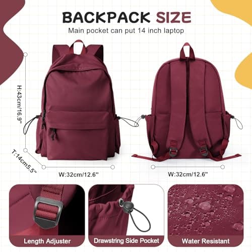 HYC00 School Backpack Womens, Causal Travel School Bags 14 Inch Laptop Backpack Rucksack Bag for Women Teenage Girls Boys Lightweight College Rucksack Water Resistant Bookbag Work Daypack, Red — view 2