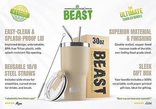 Beast Tumbler - 900 ml (30 oz), Beige Sand | Reusable Stainless Steel, Vacuum Insulated Cup | with + 2 Straws & Cleaning Brush | Double Wall Travel Flask Perfect for Hot or Iced Coffee | BPA Free — view 2