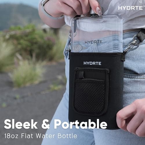 Hydrte Travel Mini Water Bottle with Strap & Sleeve – 500ml BPA-Free Slim Flat Reusable Water Bottle, Leak Proof (Nero Black) — view 2