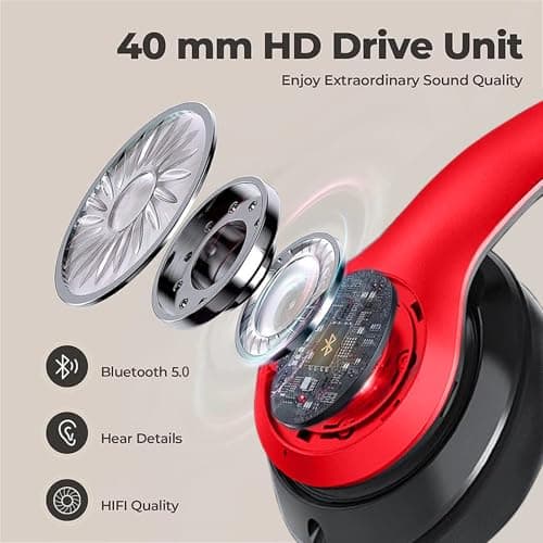 ZZOSRDR Bluetooth Headphones Over Ear, Foldable Lightweight Wireless Headset, Wireless Headphones with Built-in Mic, FM, SD/TF for Online Class, Office, PC, Phone (Red) — view 5