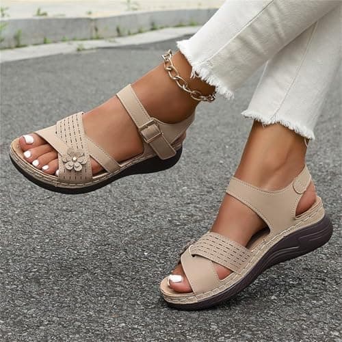 Orthopedic Sandals for Women UK Plantar Fasciitis Comfort Wedge Sandals Open Toe Ankle Strap Sandal Summer Wide Fit Cushion Walking Shoes Ladies Casual Summer Sandal with Arch Support 2-Khaki, 6 — view 3