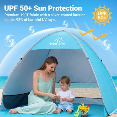 Wolfwise UPF50+ Pop up Beach Tent, Instant Easy Setup Popup Beach Shade Canopy for 1-2 Person, Sun Shelter with UV Protection, Portable with Carring Bag, 150x120x110 cm, Blue — view 5