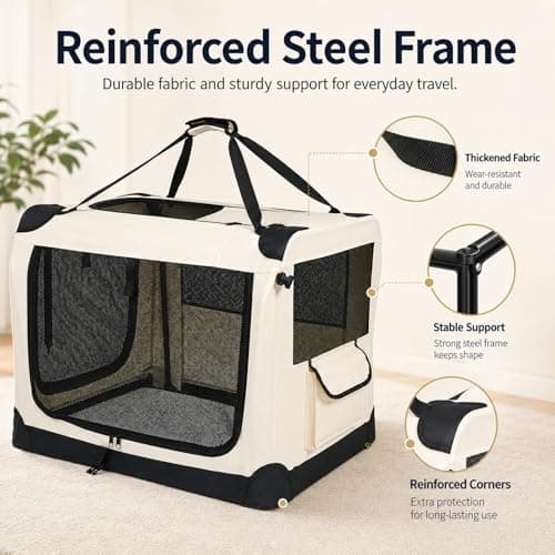 GOOGO Foldable Pet Carrier Bag for Cats & Dogs up to 12 kg, 60 x 42 x 42 cm, Soft Dog Travel Crate with Cushion, Oxford Fabric Steel Frame, 4-Side Mesh, Dog Car Carrier for Home, Camping (Beige) — view 2