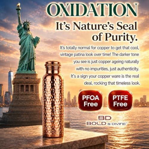 Bold & Divine Premium 32oz Pure Copper Hammered Water Bottle for Drinking - Ayurvedic Health Benefits - Handcrafted Copper Water Vessel - Leak-Proof Design, Rust-Free - Bonus Canvas Carry Bag — view 6