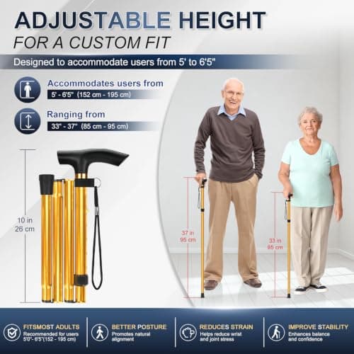 supregear Walking Stick - Adjustable Folding Walking Sticks for Women and Men - Lightweight Portable Collapsible Balancing Aid - Foldable Travel Cane for Ladies Elderly Adults, Gold — view 2