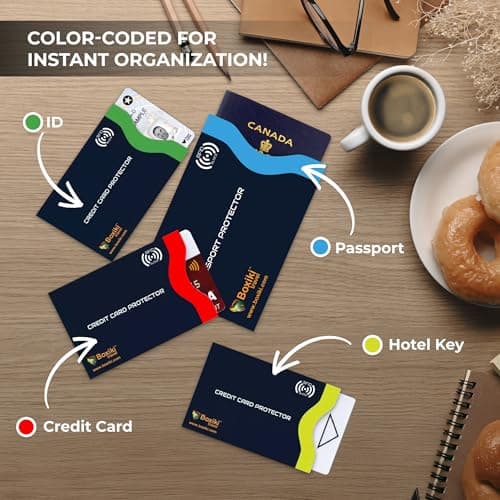 RFID Blocking Sleeves 7 Pack - 6 Credit Card Protector Sleeves and 1 Passport Holder, Colour Coded Identity Theft Protection for Credit Cards and Passport, Slim Waterproof Travel Accessories — view 3