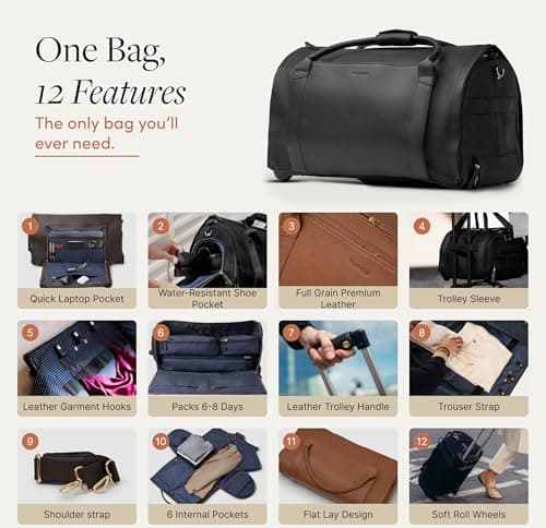 Wool & Oak NOVA Large Duffle Bag with Wheels, Black, 10” x 12” x 21”, Leather — view 4